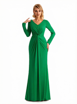 Elegant V-neck Long Sleeves Jersey Mermaid Floor Length Evening Formal Dresses