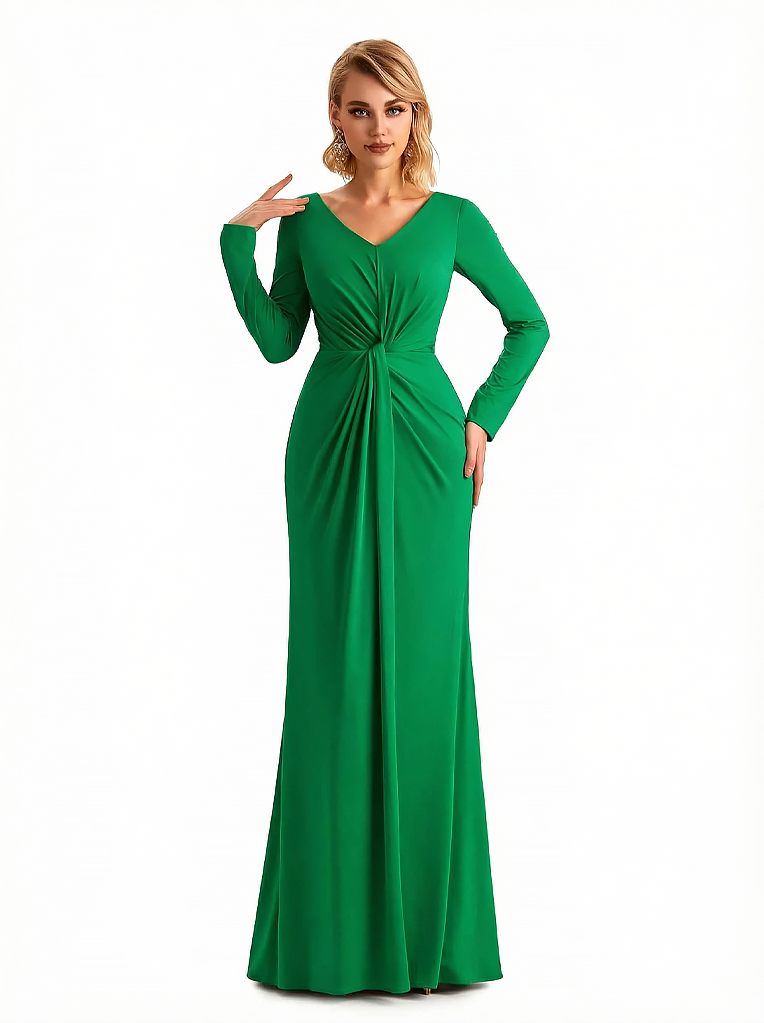 Elegant V-neck Long Sleeves Jersey Mermaid Floor Length Evening Formal Dresses