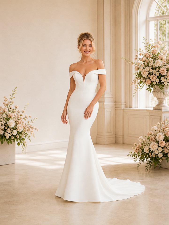 ChicSew Classy Elegant Off The Shoulder Crepe Mermaid Floor-Length Wedding Dress With Train