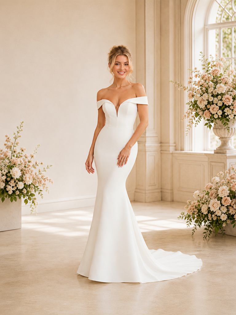 ChicSew Classy Elegant Off The Shoulder Crepe Mermaid Floor-Length Wedding Dress With Train