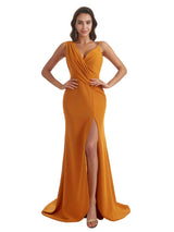 Sexy Side Slit Asymmetric Straps V-Neck Mermaid Crepe Long Bridesmaid Dress For Wedding