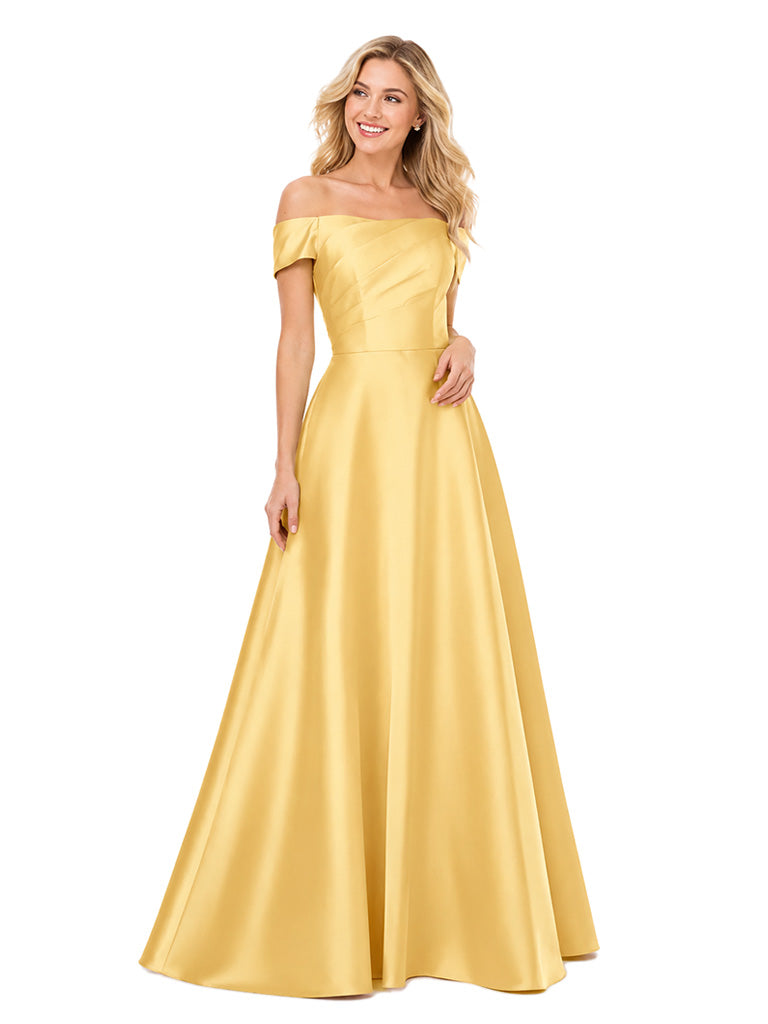 Chicsew Trendy Off Shoulder A-Line Satin Unique Long Bridesmaid Dresses