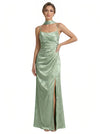 Elegant Jacquard Satin Spaghetti Straps Side Slit Mermaid Long Formal Evening Dresses