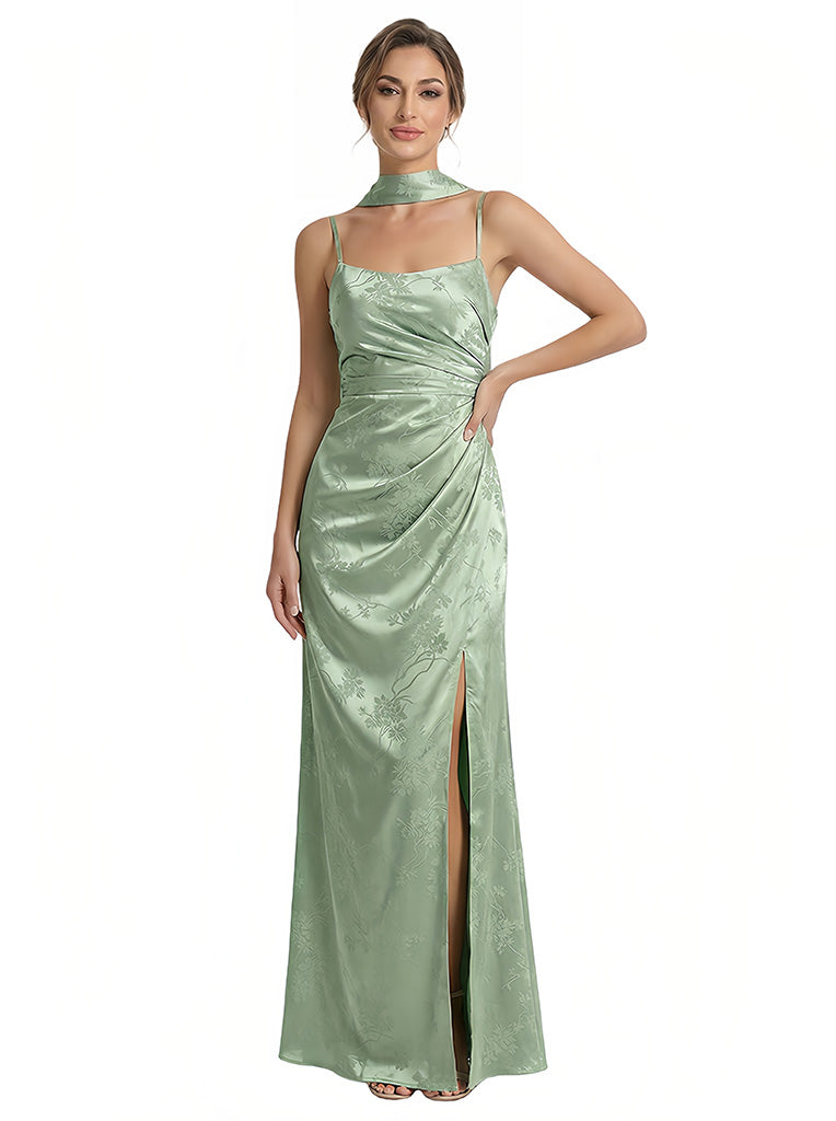 Elegant Jacquard Satin Spaghetti Straps Side Slit Mermaid Long Formal Evening Dresses