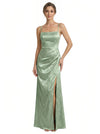 Elegant Jacquard Satin Spaghetti Straps Mermaid Side Slit Long Formal Evening Dresses