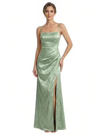 Elegant Jacquard Satin Spaghetti Straps Mermaid Side Slit Long Formal Evening Dresses