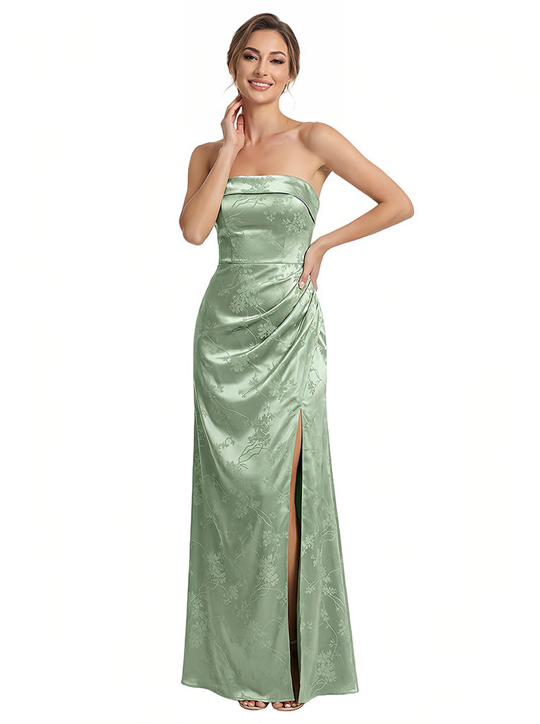 Elegant Jacquard Satin Strapless Sleeveless Mermaid Long Formal Evening Dresses