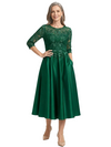 ChicSew Jewel 3/4 Sleeve Lace Applique Satin Tea Length Elegant Mother of the Bride Dresses