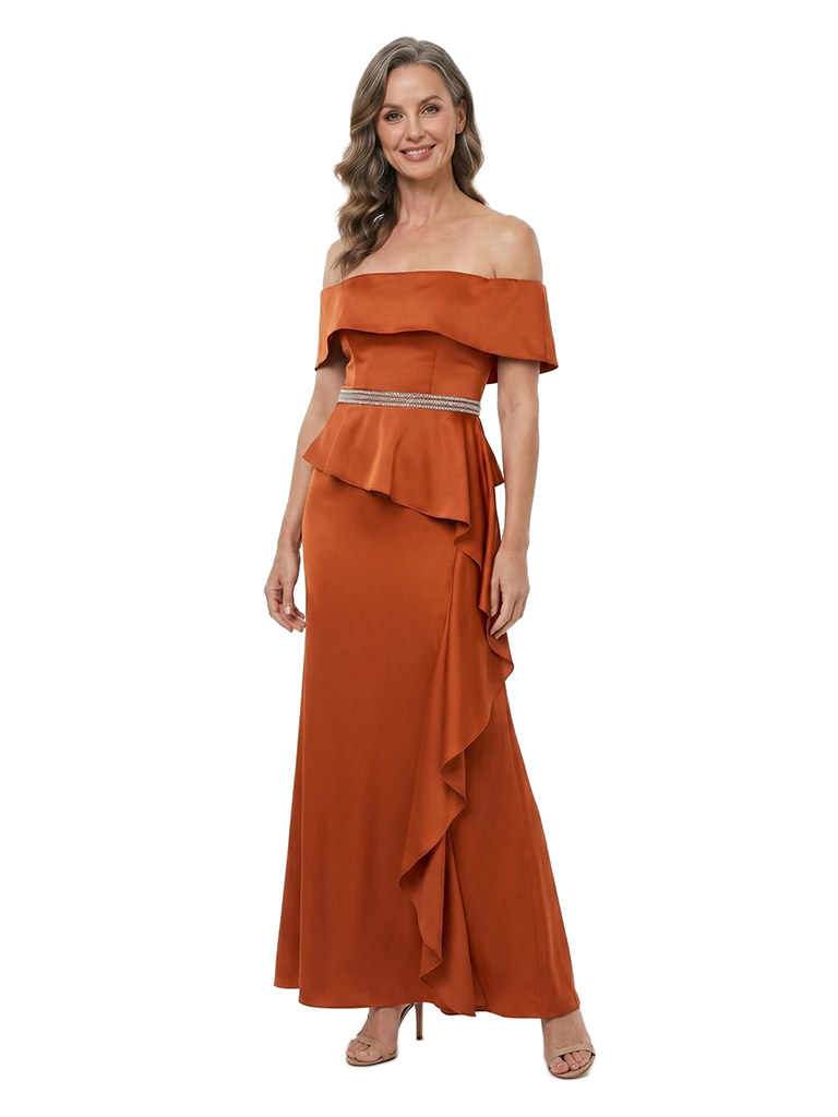 ChicSew Off The Shoulder Beaded Ruffle Satin Ankle Length Mother of the Bride Dress