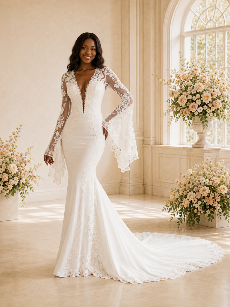 ChicSew Romantic Sexy Deep V-Neck Long Flutter Sleeves Tulle Lace Appliques Maxi Wedding Dress