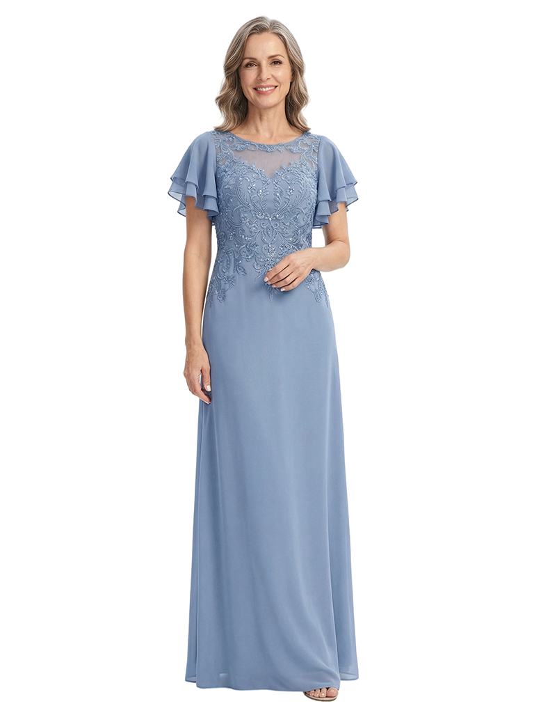 ChicSew Bateau Neck Flutter Sleeve Beaded Lace Applique Chiffon Floor Length Mother of the Bride Dress