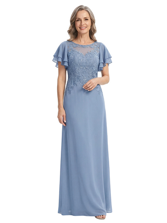 ChicSew Bateau Neck Flutter Sleeve Beaded Lace Applique Chiffon Floor Length Mother of the Bride Dress