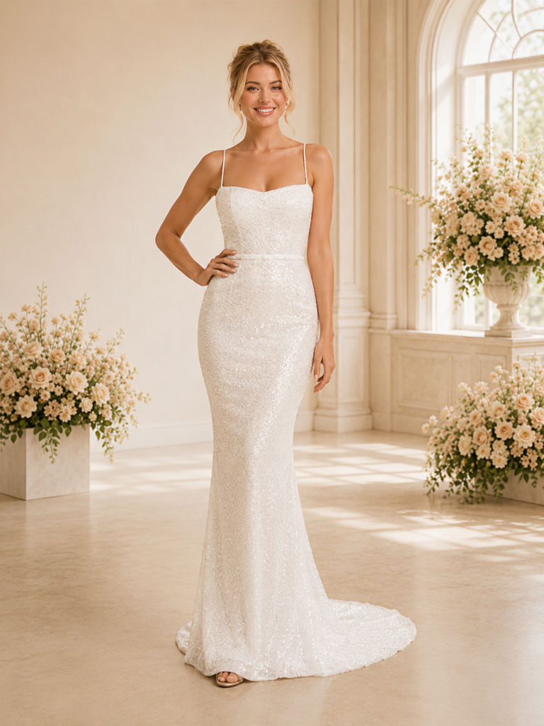 ChicSew Classy Spaghetti Straps Glittler Tulle Mermaid Floor-Length Wedding Dress