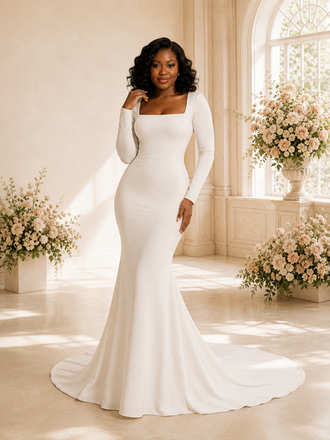 ChicSew Elegant Mermaid Square Neck Long Sleeves Crepe Maxi Wedding Dress