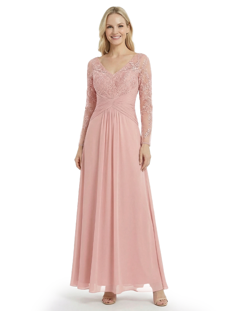 Elegant Mother Of The Bride Dresses V-Neck Long Sleeves Lace Appliques A-Line Ruched Formal Wedding Event Dress