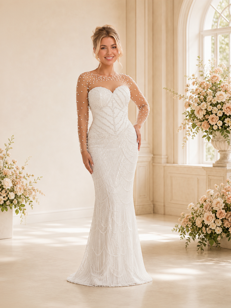 ChicSew Fancy Unique Illusion Long Sleeves Mermaid Long Wedding Dress With Beading