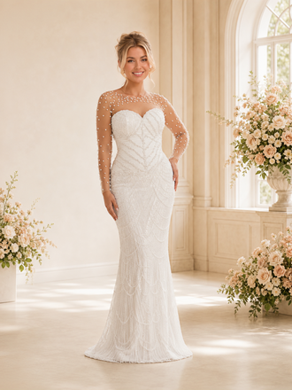 ChicSew Fancy Unique Illusion Long Sleeves Mermaid Long Wedding Dress With Beading