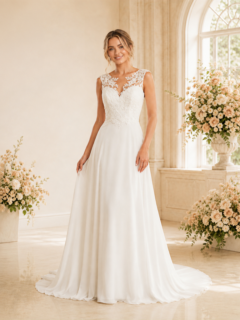 ChicSew Elegant Fancy Illusion Sleeveless Lace Applique Chiffon A-Line Maxi Wedding Dress