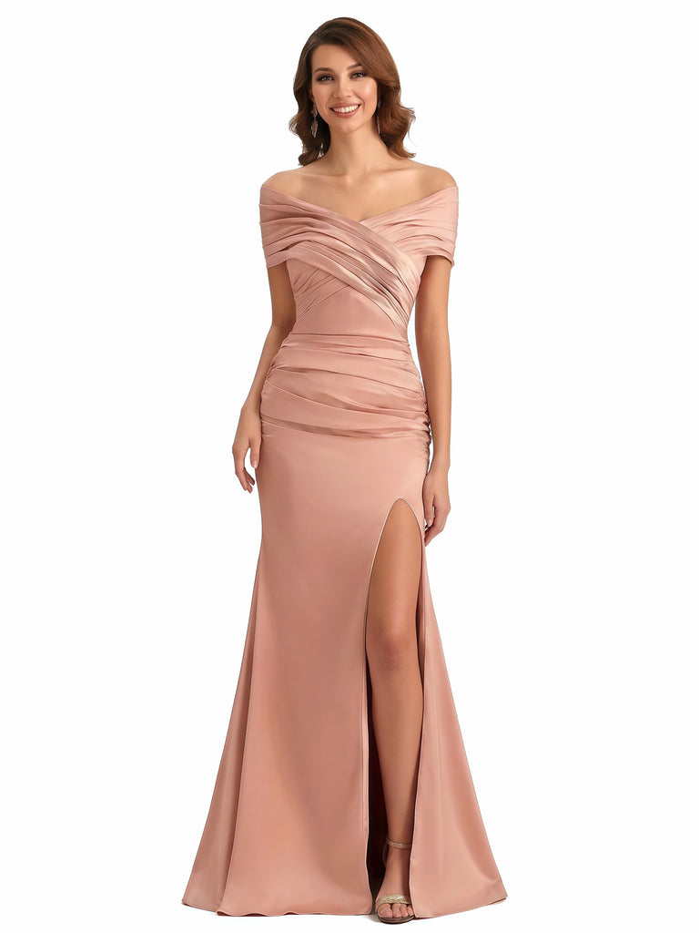 Elegant Off The Shoulder Ruching Silky Satin Mermaid Maxi Evening Dresses For Women Side Slit