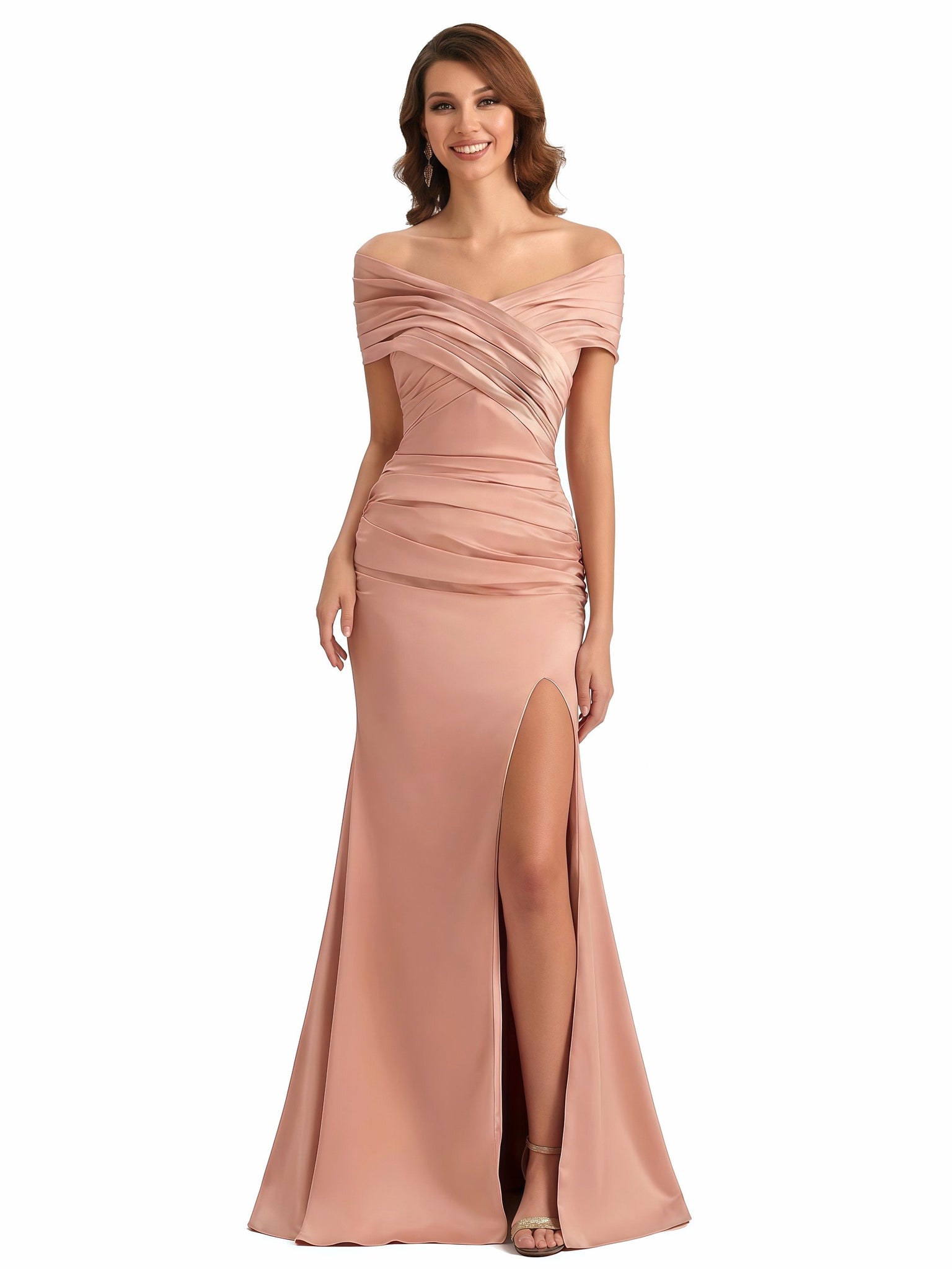 Elegant Off The Shoulder Ruching Silky Satin Mermaid Maxi Evening Dresses For Women Side Slit