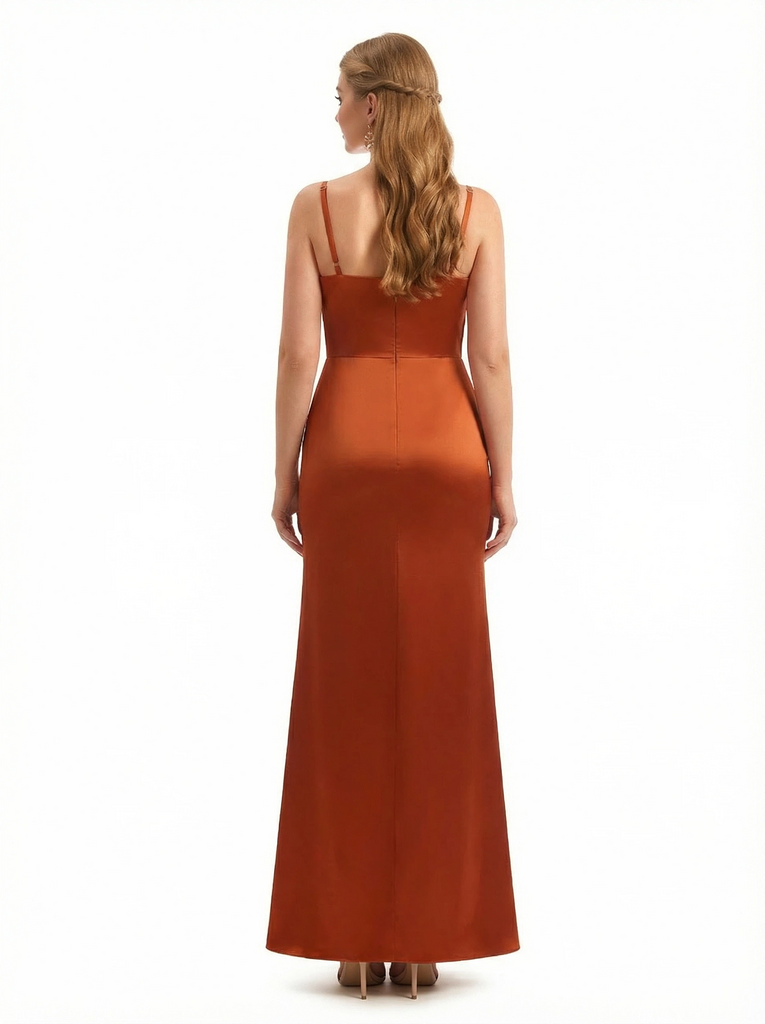 Elegant Mermaid Ruched Satin Long Formal Dresses For Women Spaghetti Straps Side Slit