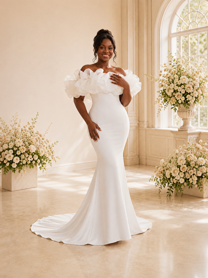 ChicSew Fancy Off The Shoulder Crepe Mermaid Floor-Length Wedding Dress With Floral Applique
