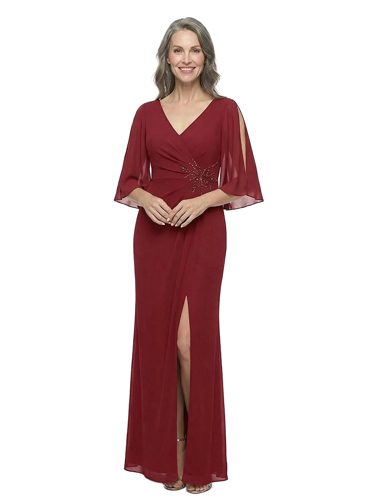 ChicSew V-Neck Half Sleeve Beaded Floor Length Chiffon Sheath Mother Of The Bride Dresses