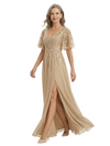 ChicSew Flutter Sleeves V-Neck Lace Appliques Sequin Side Slit Chiffon A-Line Mother Of The Groom Dress
