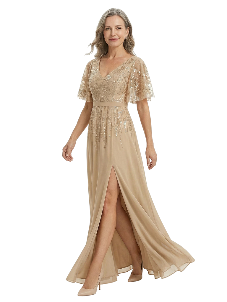 ChicSew Flutter Sleeves V-Neck Lace Appliques Sequin Side Slit Chiffon A-Line Mother Of The Groom Dress