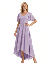 Elegant V-Neck Flutter Sleeves Floral Burnout Chiffon A-Line Formal Evening Dresses