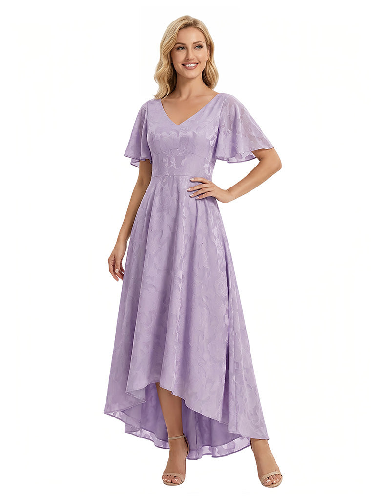 Elegant V-Neck Flutter Sleeves Floral Burnout Chiffon A-Line Formal Evening Dresses