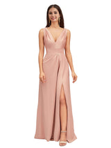 Sexy V-Neck A-Line Soft Satin Beauty Long Bridesmaid Dresses Online