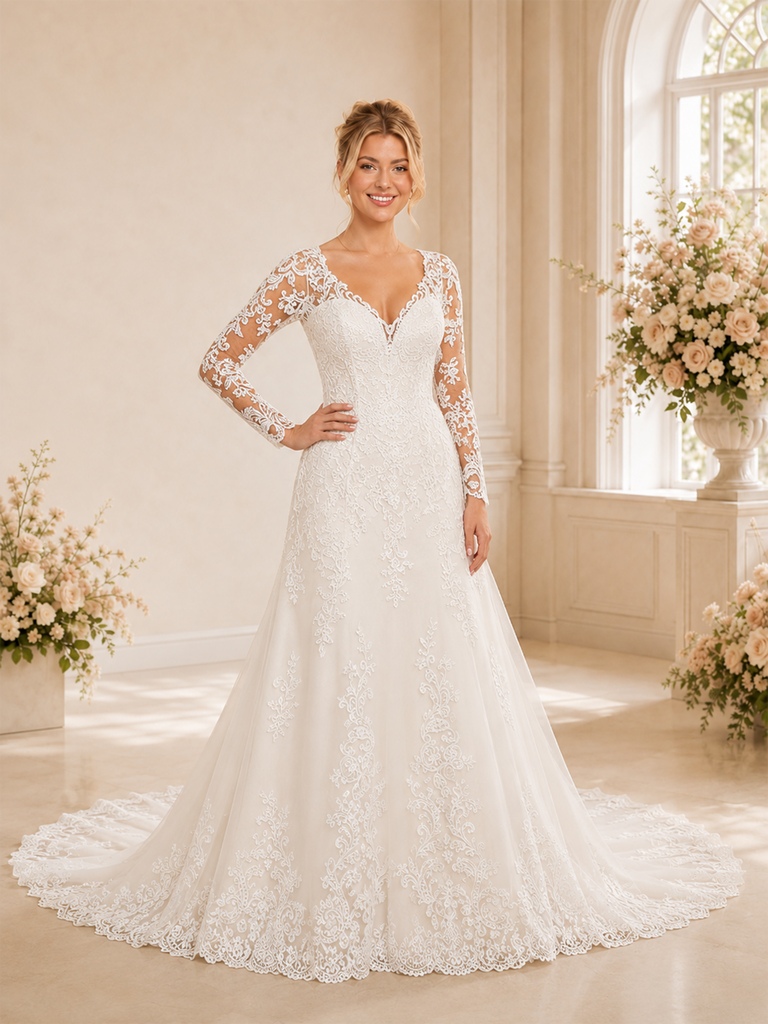 ChicSew Unique V-Neck A-Line Long Sleeves Lace Tulle Maxi Long Wedding Dresses