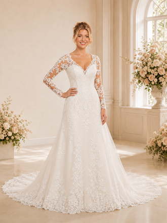 ChicSew Unique V-Neck A-Line Long Sleeves Lace Tulle Maxi Long Wedding Dresses