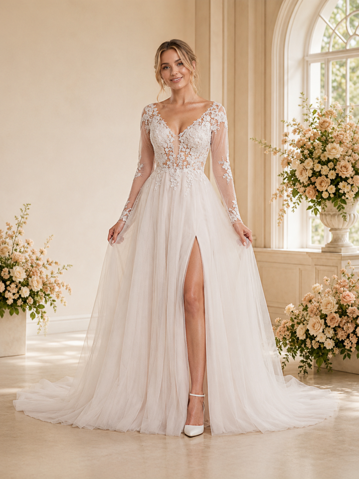 ChicSew Elegant V-Neck Long Sleeves Tulle Lace Appliques A-Line Maxi Wedding Dress