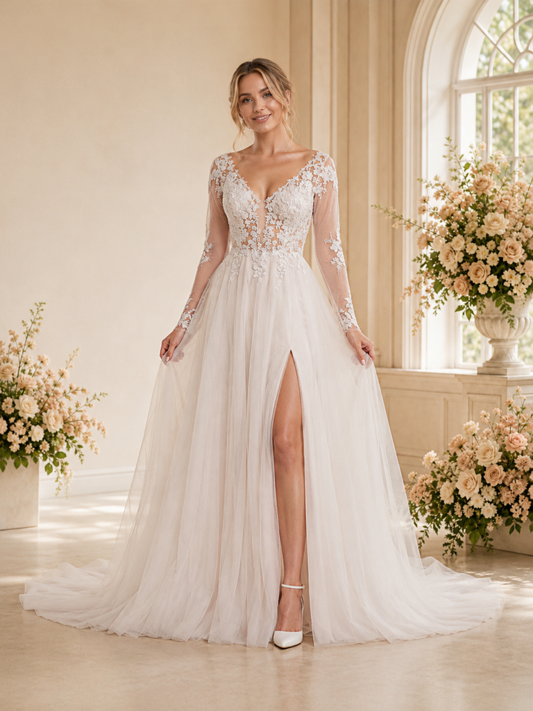 ChicSew Elegant V-Neck Long Sleeves Tulle Lace Appliques A-Line Maxi Wedding Dress