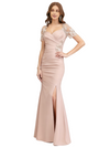 Classy  Lace Cap Sleeves V-Neck Mermaid Mother Of The Bride Dress Slit
