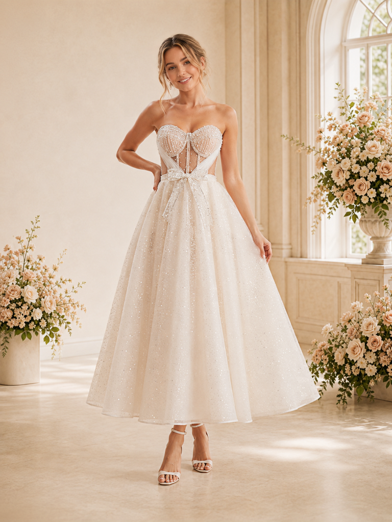 ChicSew Fancy Sweetheart Lace Tulle Boning A-Line Ankle-Length Wedding Dress With Bow Knot