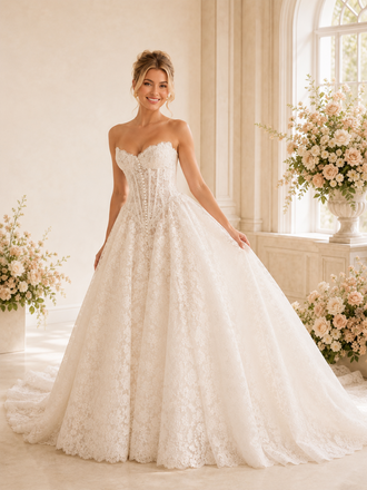 ChicSew Classy A-Line Lace Tulle Sweetheart Sleeveless Boning Maxi Wedding Dresses With Long Train