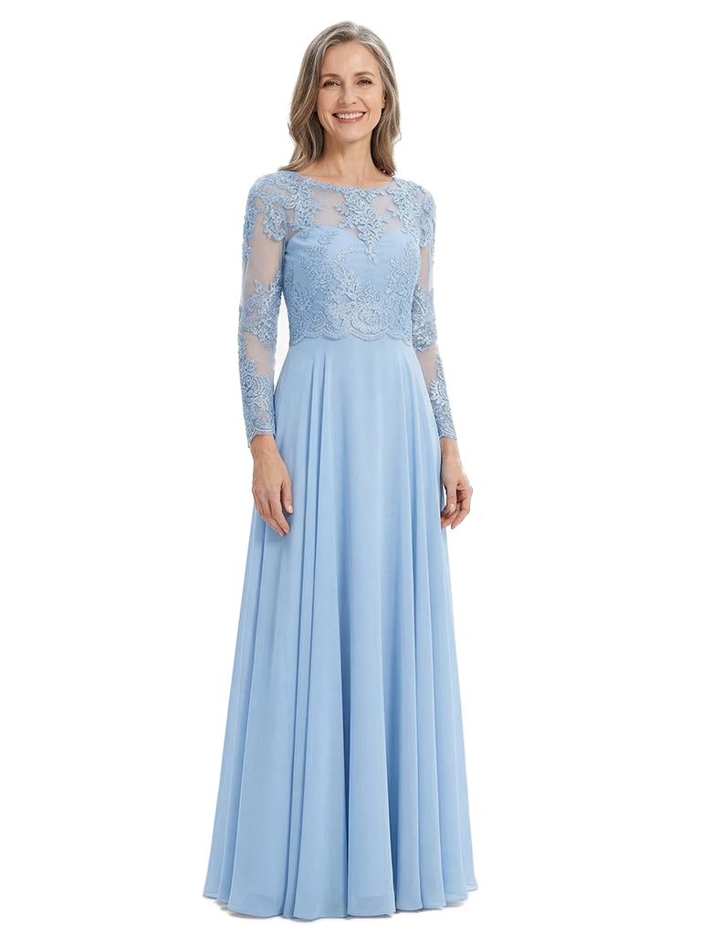 ChicSew Round Neck Long Sleeve Lace Applique Ruched Waist Floor Length Chiffon Sophisticated Mother Of The Bride And Groom Dresses