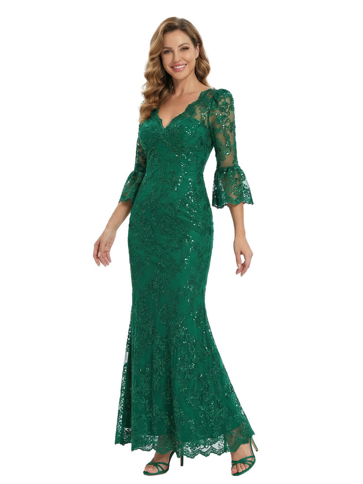 Fancy 3/4 Sleeves V-Neck Ruffles Lace Mother Of The Bride Dress Mermaid Gown