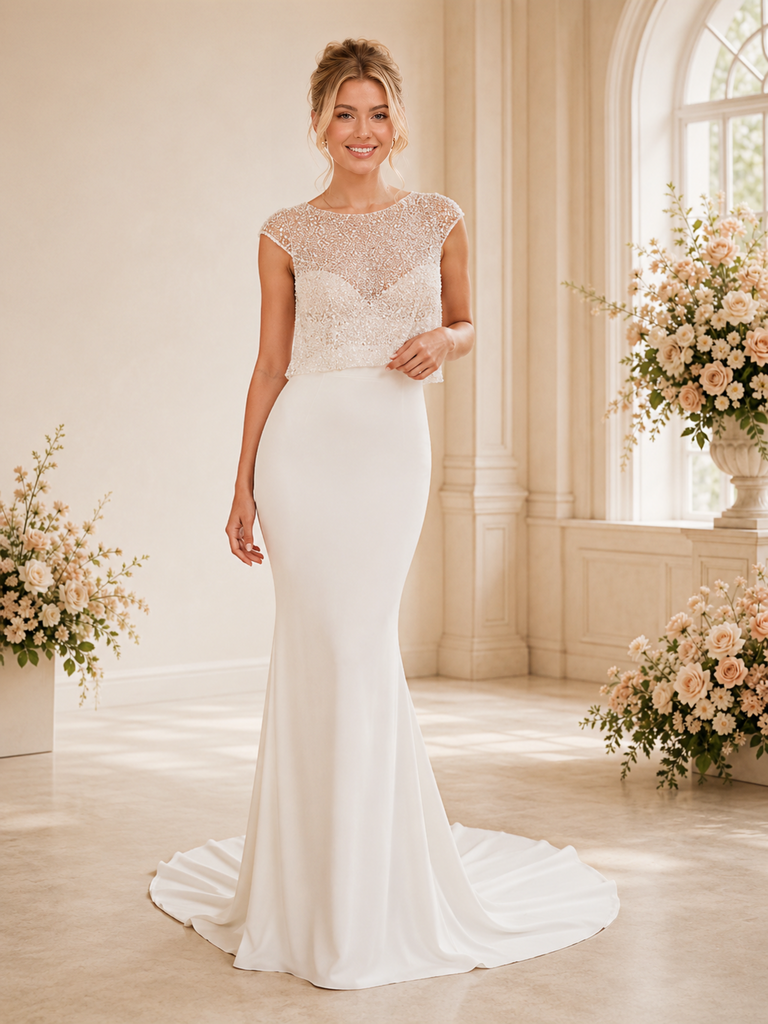 ChicSew Elegant Jewel Cap Sleeves Satin Mermaid Floor-Length Wedding Dress