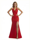 Sexy V-Neck Mermaid Jersey Long Formal Dresses For Women Side Slit Spaghetti Straps
