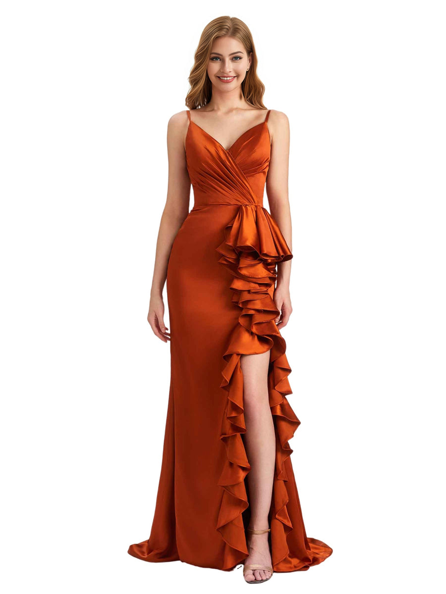Elegant Spaghetti Straps Ruffles Silky Satin Side Slit Mermaid Boho Long Bridesmaid Dresses