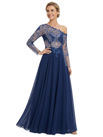 Chicsew Mother Of The Bride Dresses Asymmetric One Shoulder Long Sleeve Lace Chiffon Maxi Gown