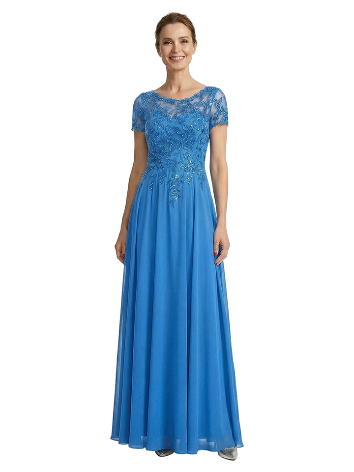 ChicSew Illusion Short Sleeve Lace Beaded A-Line Floor Length Chiffon Sophisticated Mother Of The Bride And Groom Dresses