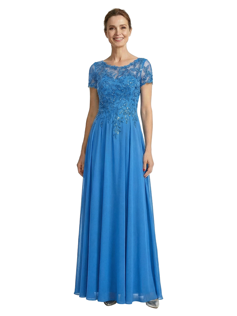 ChicSew Illusion Short Sleeve Lace Beaded A-Line Floor Length Chiffon Sophisticated Mother Of The Bride And Groom Dresses