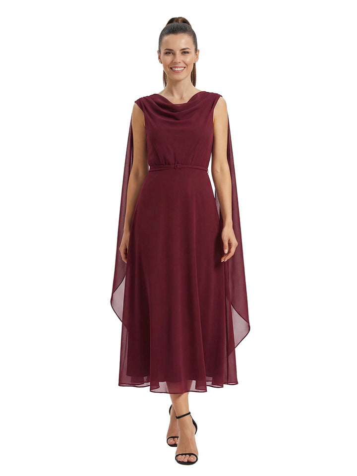 Sophisticated Jewel Tea-Length Mother of The Bride Gown With Chiffon Capelet