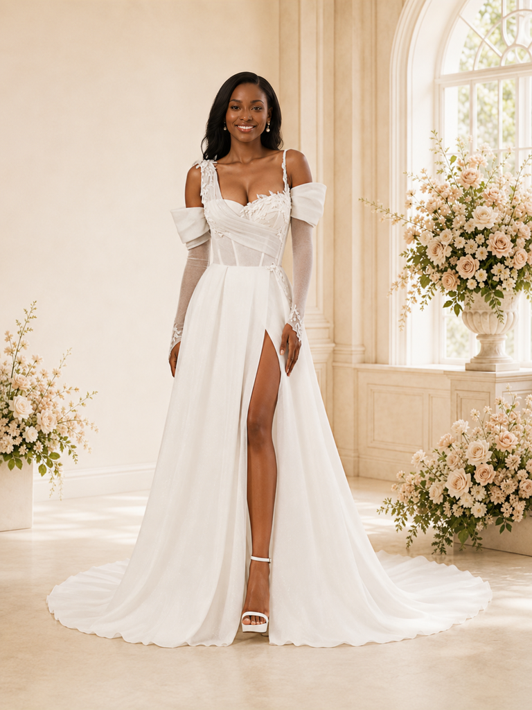 ChicSew Elegant Off The Shoulder Long Sleeves A-Line Glitter Tulle Maxi Wedding Dress
