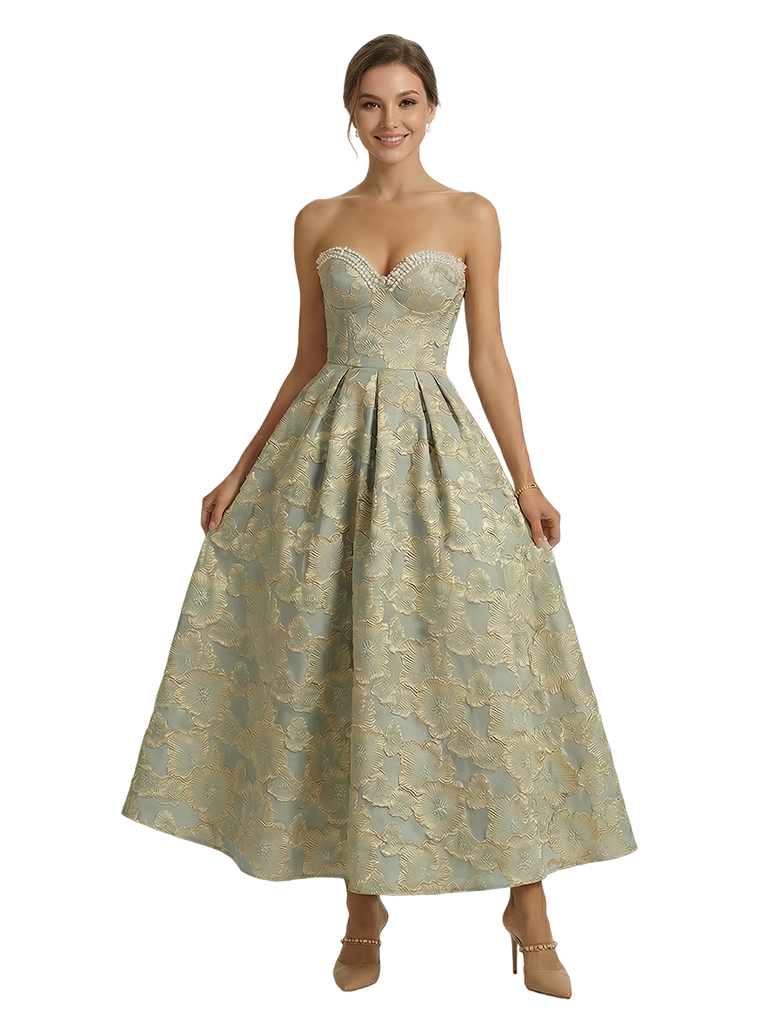 ChicSew Modern Floral Jacquard Sweetheart Strapless Sleeveless Tea-Length A-Line Long Formal Evening Dresses